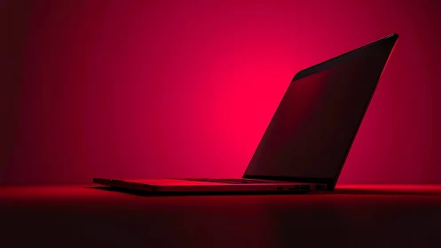 Sleek laptop aglow in bold red light, ready for ideas.