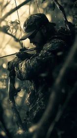 Camouflaged bowhunter draws arrow in misty forest light
