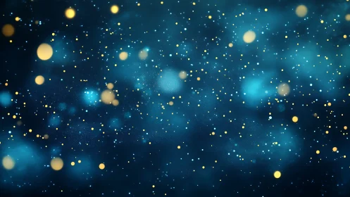 Bokeh particle field simulates luminous dust in deep blue space