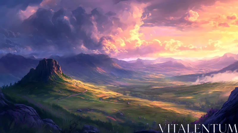 Sunlit valley landscape under stormlit violet clouds.