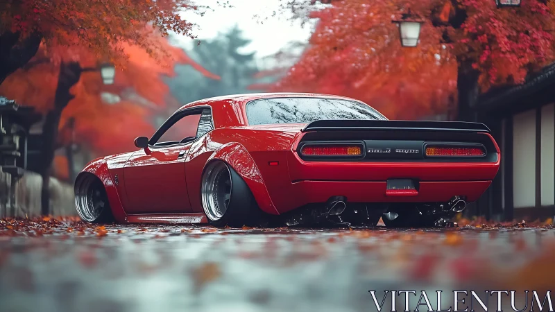 Widebody red muscle car under autumn maple canopy street.