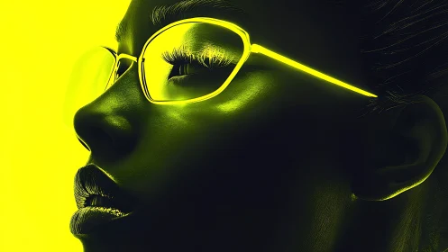 Neon-framed gaze drifting through liquid yellow silence.