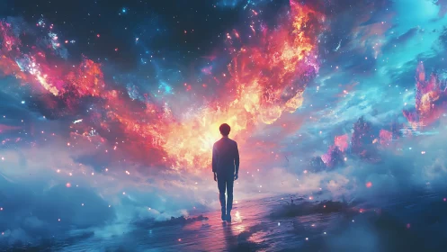 Starlit dreamer walks toward a blazing cosmic sky of wonder