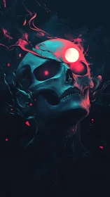 Neon-illuminated skull with volumetric glow and floating core sphere