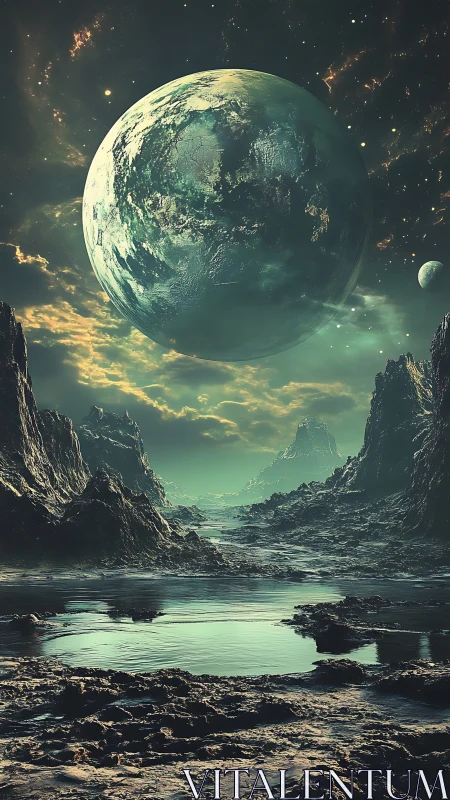 Wondrous alien world beneath a softly glowing giant planet.