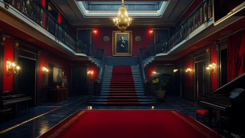 Grand crimson foyer with sweeping staircase and portrait