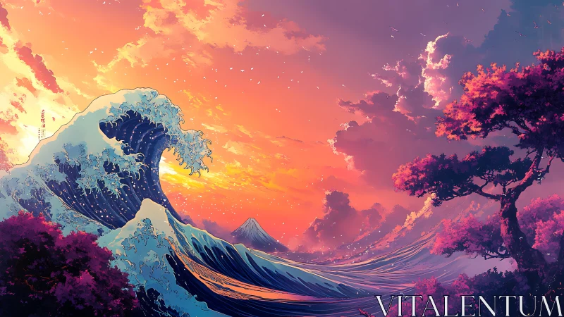 Sunset wave collides with autumn shore in stylized seascape