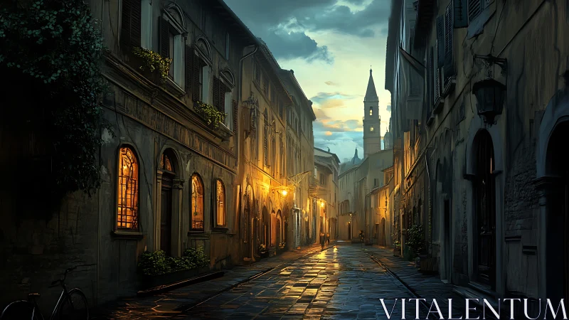 Lamplit cobblestone alley glows under a brooding twilight sky.