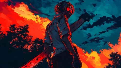 Backlit chainsaw wielder framed by high-contrast neon sunset