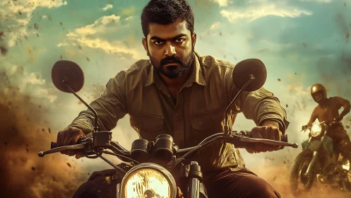 Intense biker charge through dust storm action scene.