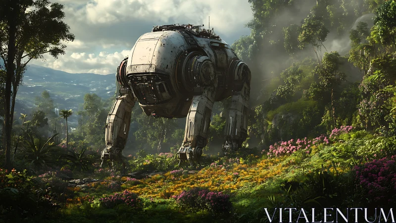 Gentle jungle mech wandering through a bright wild meadow.