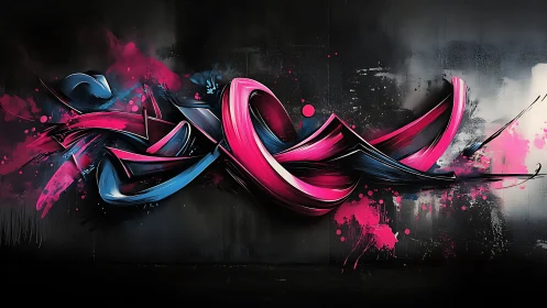 Curved magenta and cyan abstract graffiti on dark wall.