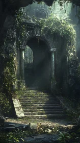 Vine-draped stone stairway into a forgotten jungle portal.