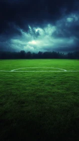 Storm-brewed soccer circle under brooding twilight sky.