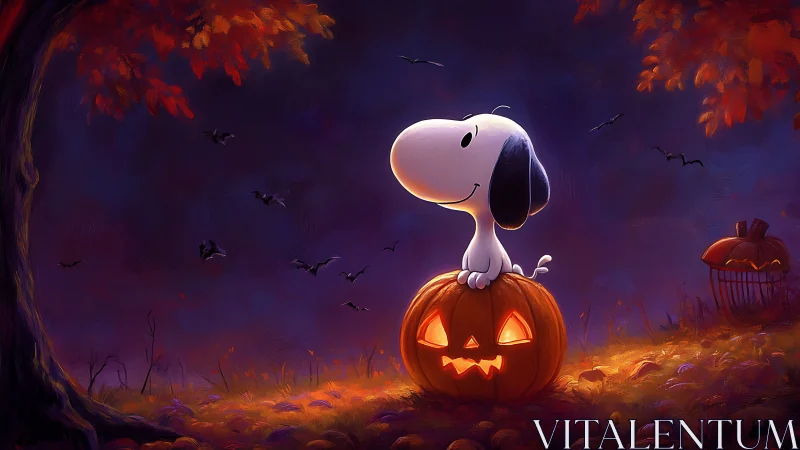 Gentle beagle enjoys a glowing jack-o’-lantern night scene