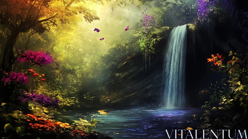 Luminescent forest waterfall renders atmospheric depth and color