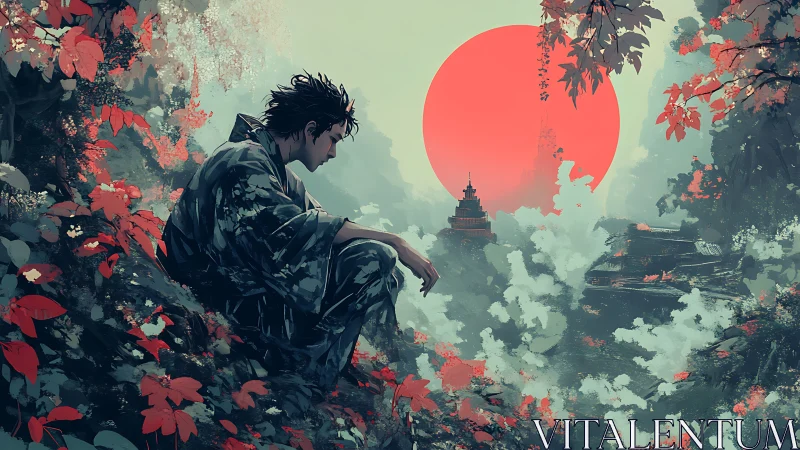 Samurai contemplates misty temple beneath crimson sun.