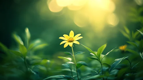 Single yellow wildflower glows softly in dreamy green light.