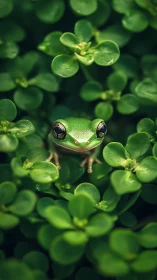 Green tree frog resting among dense glossy leaves.
