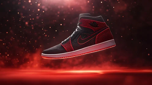 High-contrast black and red sneaker in dynamic studio lighting.