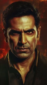 Intense male portrait against textured fiery backdrop.