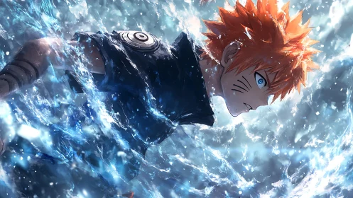 Orange haired anime fighter moving through blue water.