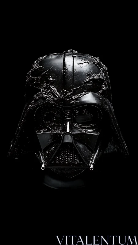 Corroded black respirator helmet under high contrast lighting.