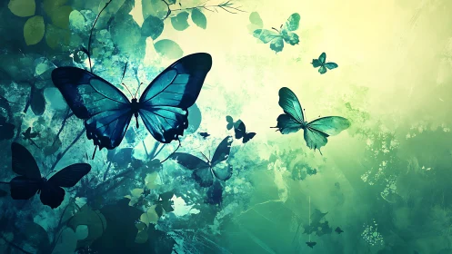 Dreamlike teal butterflies drift through glowing forest sky.