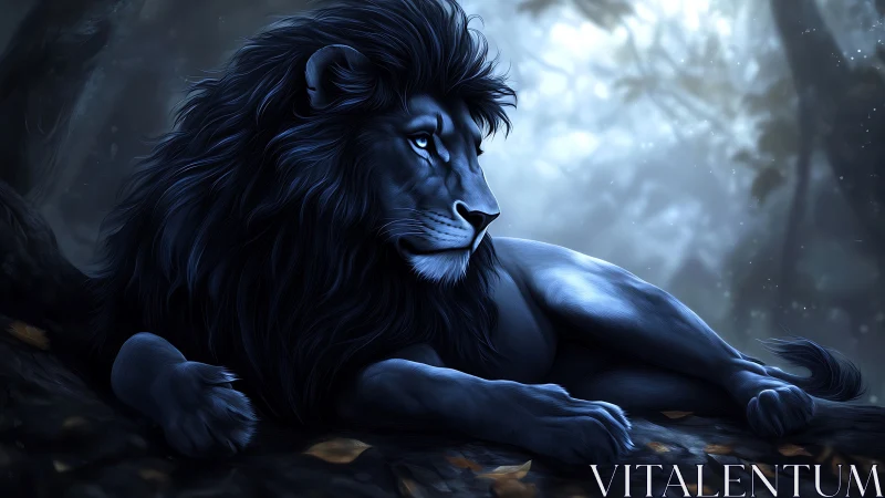 Digital rendering shows reclining lion in low-key forest lighting