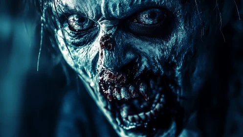 High-contrast close-up cinematic portrait of feral zombie