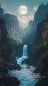 Lunar backlit canyon waterfall under atmospheric blue haze
