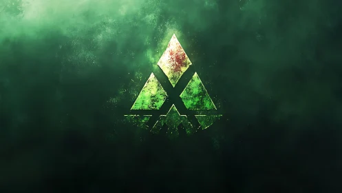 Prismatic green sigil carves through swirling cosmic mist