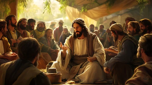 Bearded robed teacher instructs seated crowd outdoors