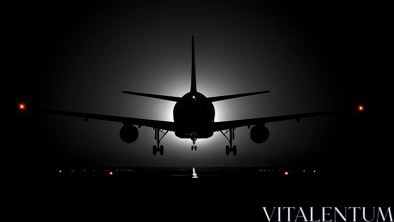 Commercial jet silhouette landing on runway at night.