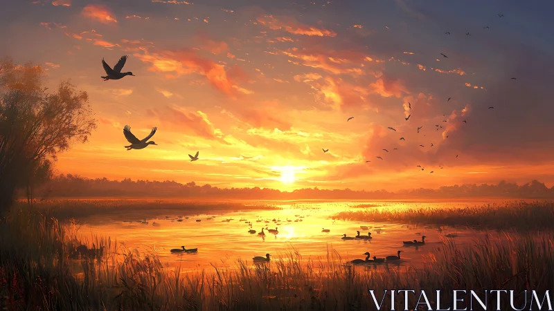 Golden marsh sunrise where wild geese script the sky.