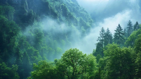 Misty Mountain Valley With Layered Forest Composition.