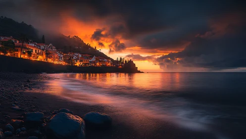 Fiery coastal village skyline mirrored on twilight surf.