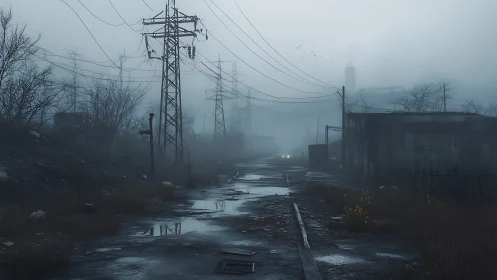 Foggy abandoned road with power lines and wet puddles.