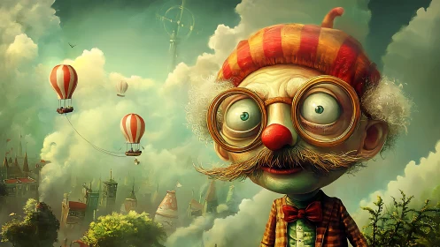 Whimsical old man gazes over floating city of balloons.