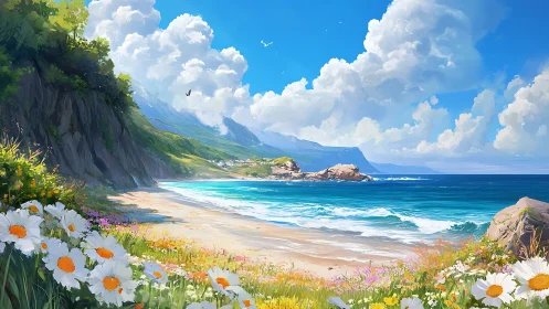 Sunny wildflower coast with gentle waves and bright skies.