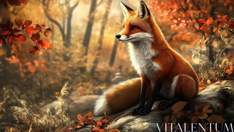 Red fox sitting on forest rock in soft autumn light.