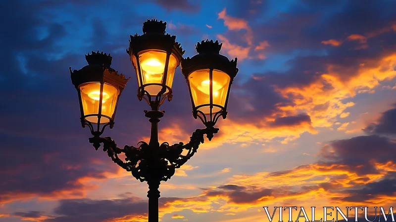 Triple-headed street lamp silhouetted against sunset sky.