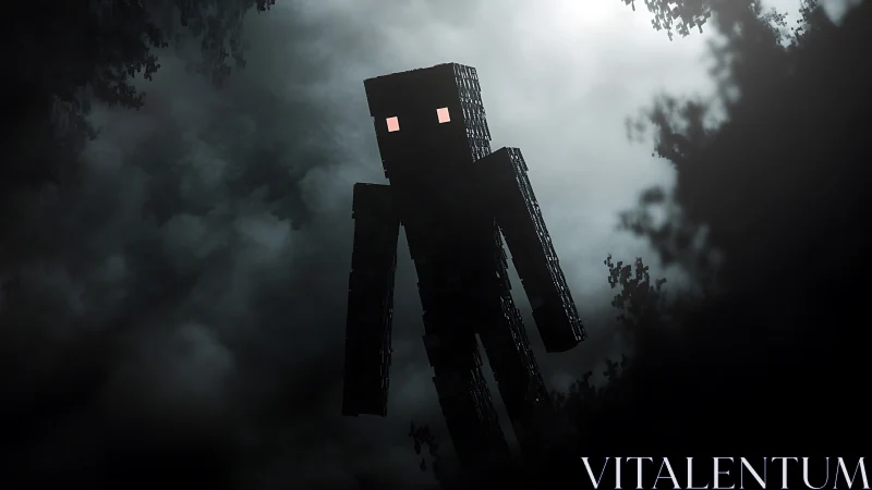 Blocky humanoid figure stands in misty moonlit forest clearing