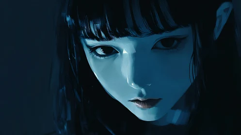 Blue-lit digital portrait of intense young woman close-up