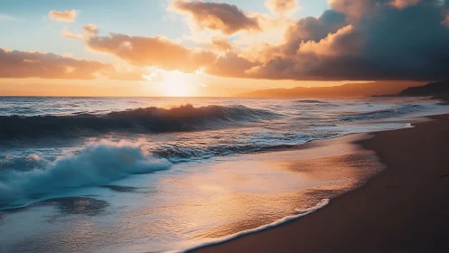 Coastal breakers under golden sunset with dramatic storm clouds.
