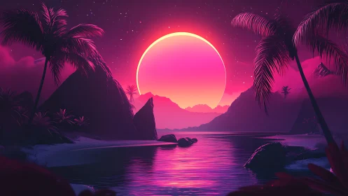 Neon tropical sunset over calm palm-lined island lagoon.