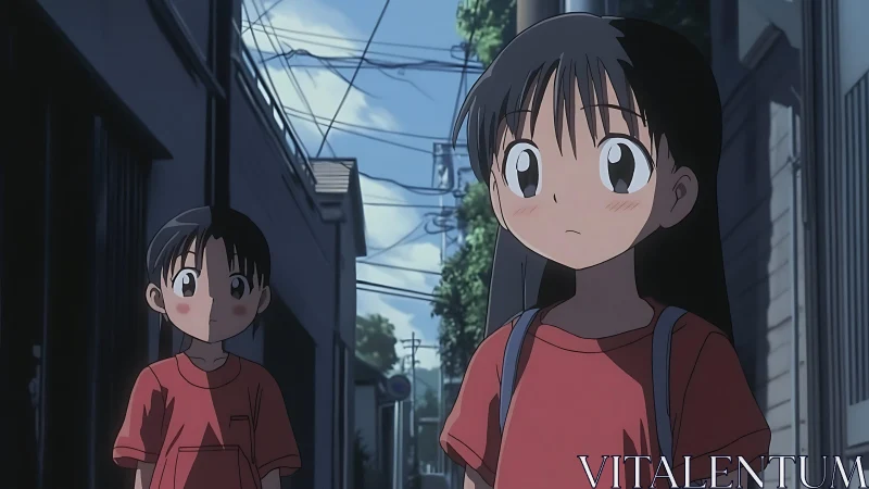 Side-street dusk holds two wide-eyed wanderers in red shirts