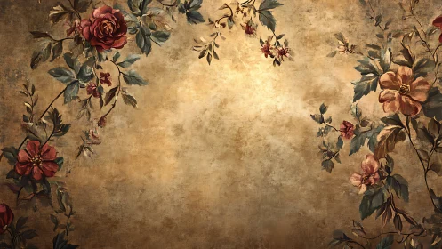 Gilded wall blooms cradle a dusky garden of vintage roses.