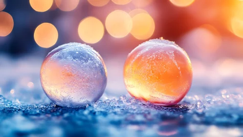 Two frozen translucent spheres rest on granular icy surface