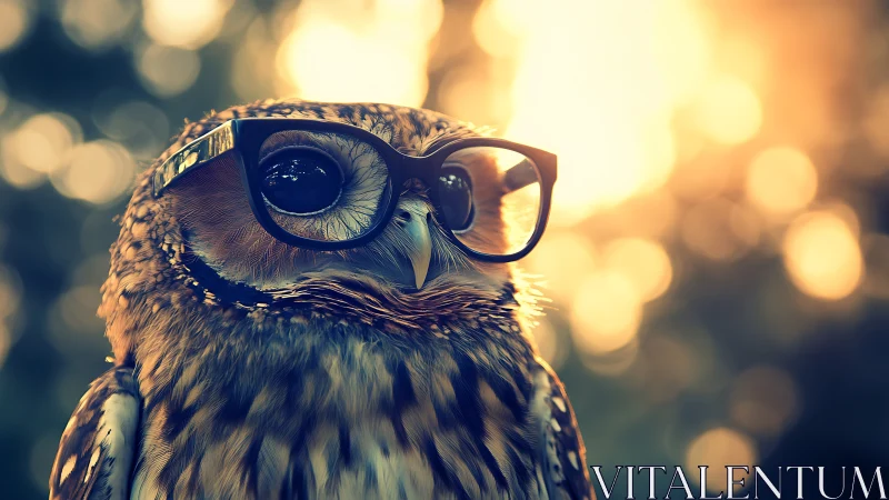 Wise Owl Wearing Glasses in Soft Golden Sunlight, Whimsical Style.